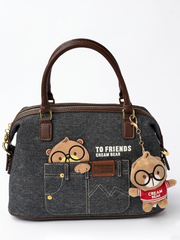 Cream Bear Denim Bowling Bag