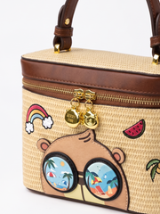 Cream Bear Summer Straw Vanity Bag