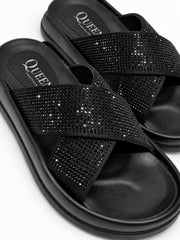 Crystal Cross Strap Slide Sandals | Queen Footwear