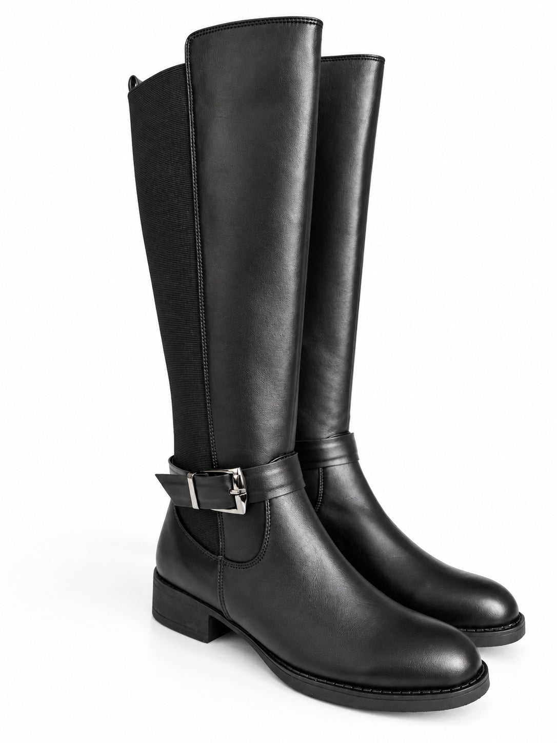 Women's Tall Riding Boots with Stretch Calf Panel & Ankle Buckle Accent