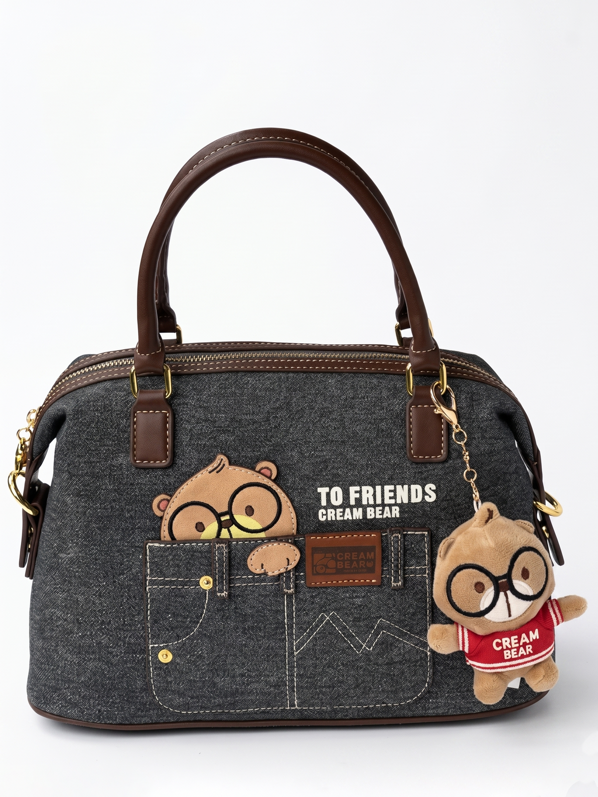 Cream Bear Denim Bowling Bag
