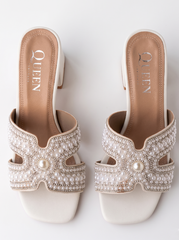 Pearl Embellished Block Heel Sandals | Queen Footwear
