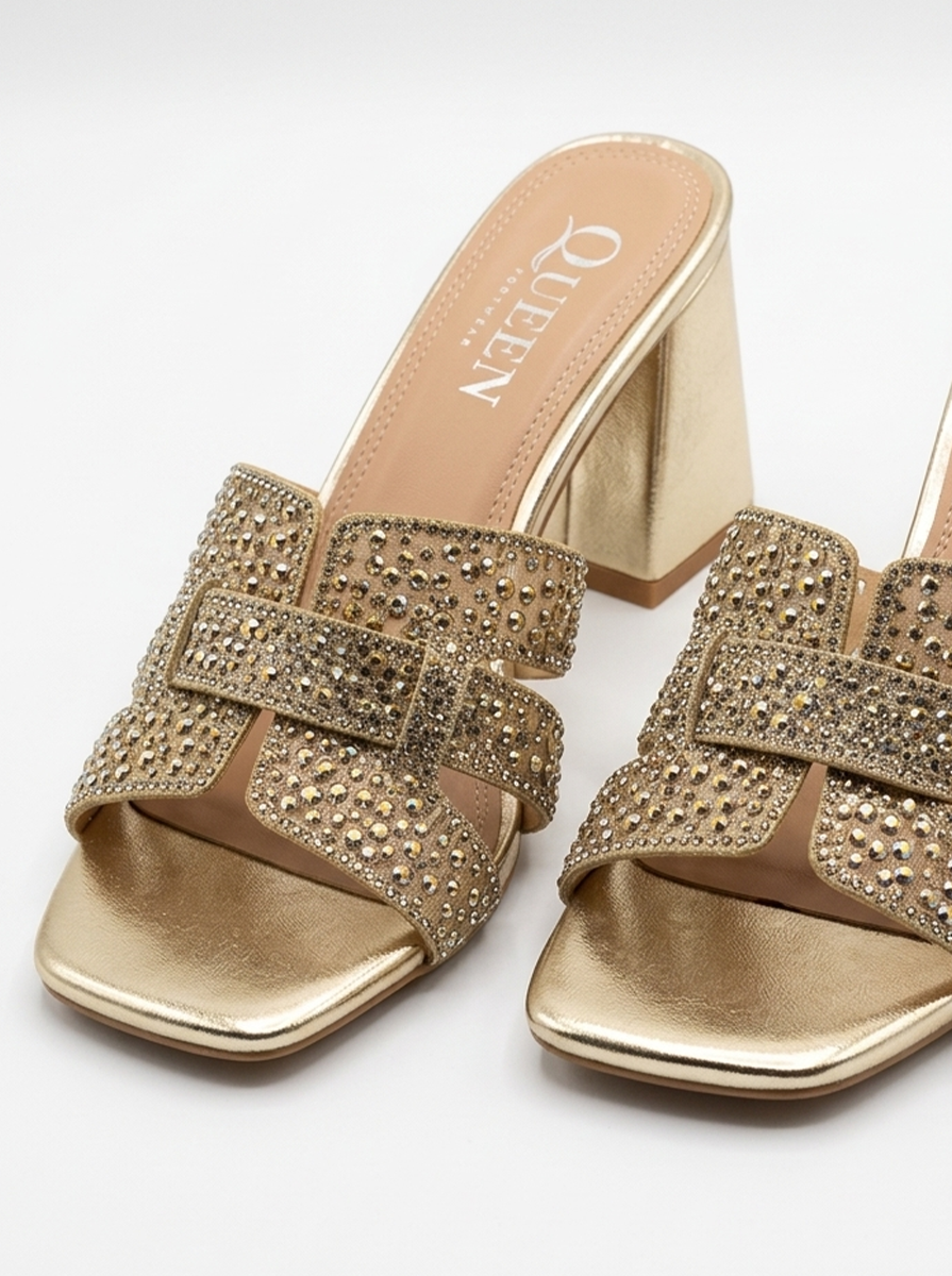 Crystal Buckle Block Heel Sandals | Queen Footwear