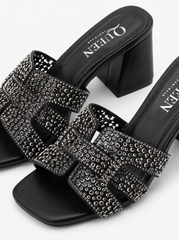 Crystal Buckle Block Heel Sandals | Queen Footwear