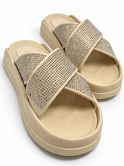 Crystal Cross Strap Slide Sandals | Queen Footwear