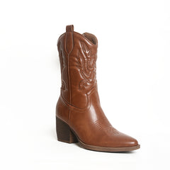 Western High-Calf Cowboy Boots – Embroidered Block Heel | Queen Footwear