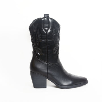 Western High-Calf Cowboy Boots – Embroidered Block Heel | Queen Footwear