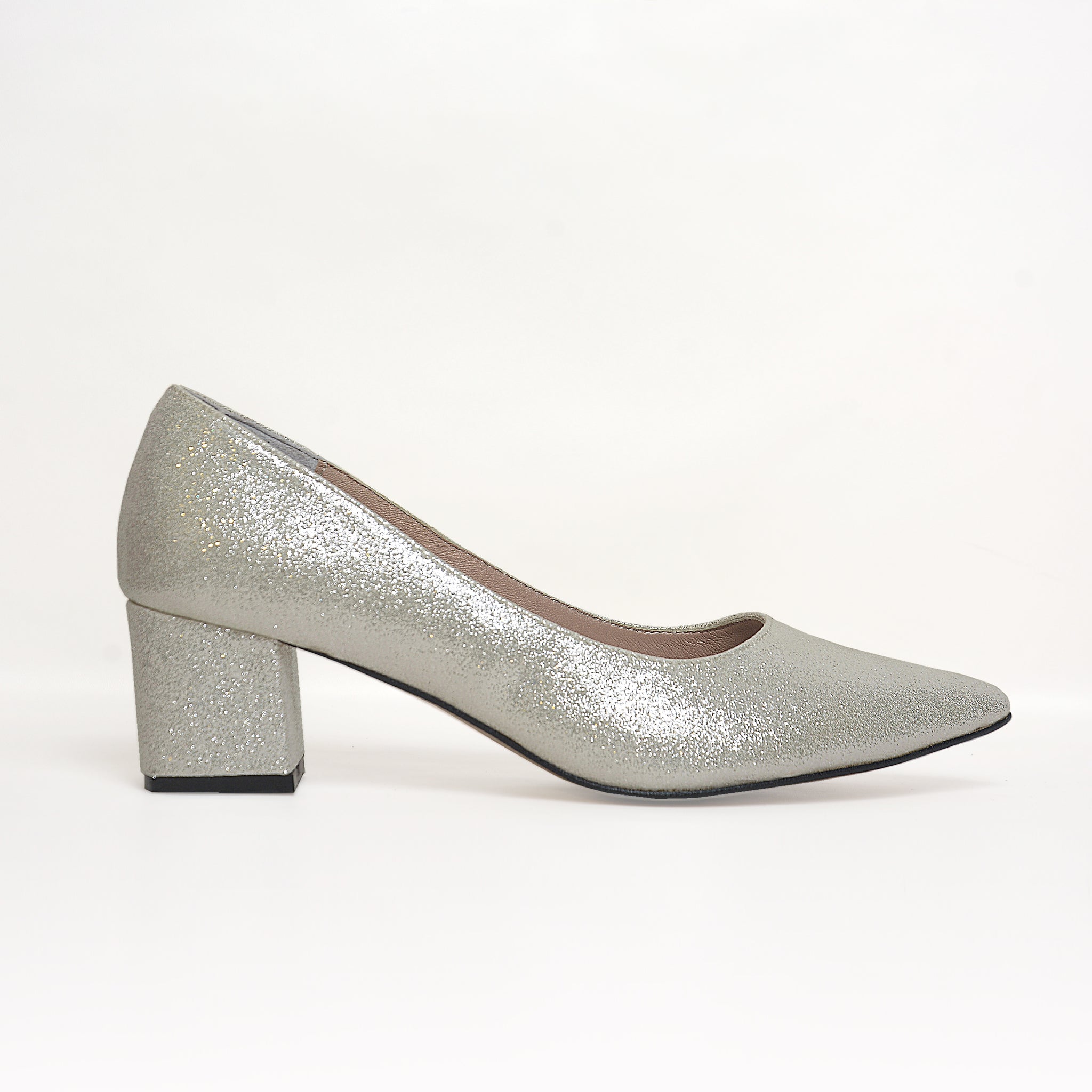 Stella Glitter Pointed-Toe Block Heel – Silver | Queen Footwear